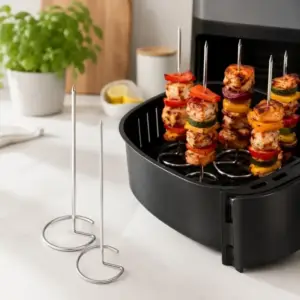 Zwei Spieße mit Spiralfuß stehen im Airfryer, daran aufgereihte Fleisch- und Gemüsestücke