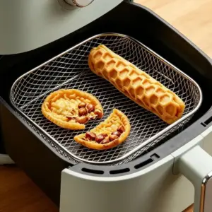 Quadratischer Gitterrost mit Standfüßen im Airfryer, darauf Gebäck und ein Röllchen
